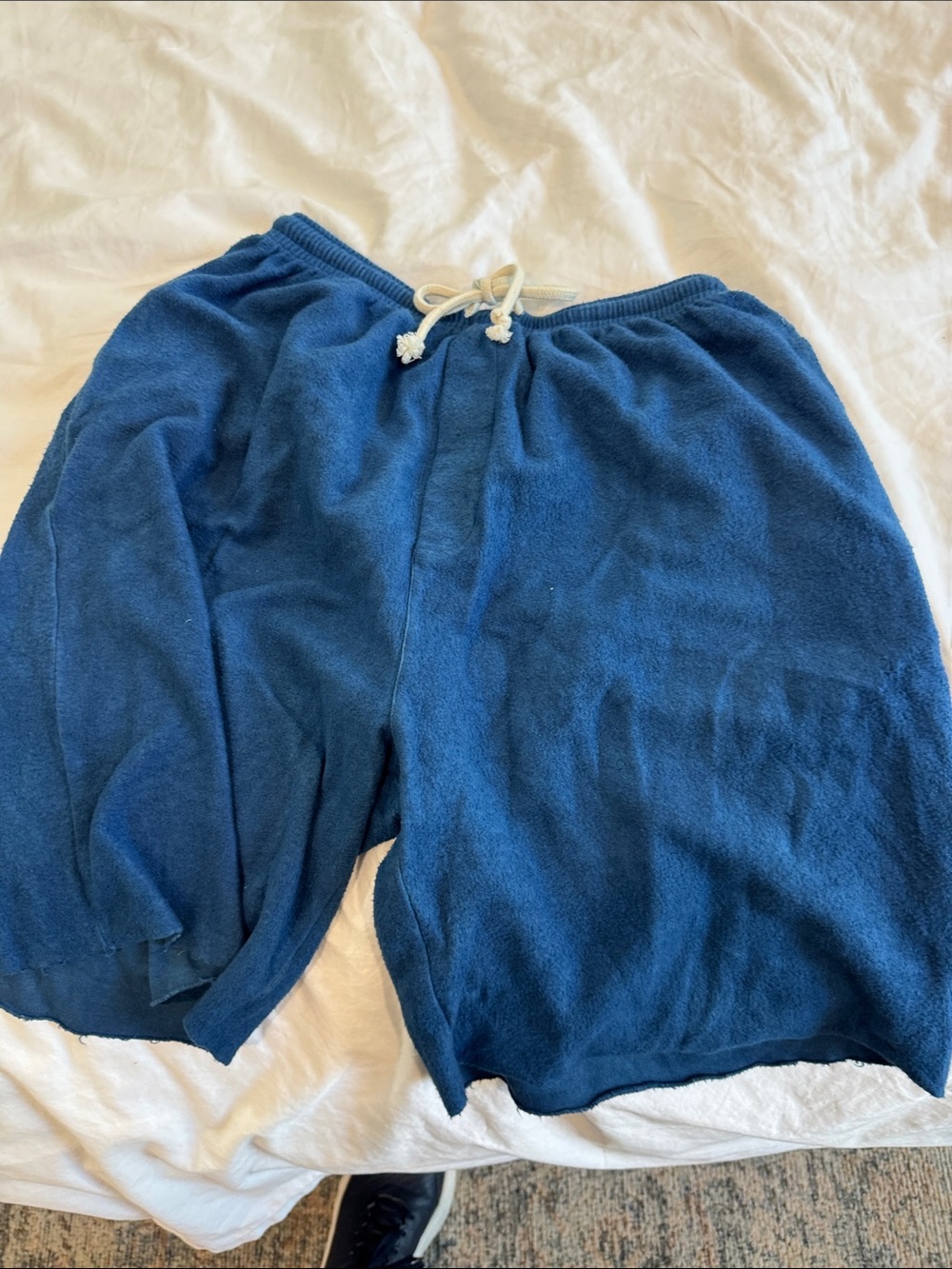 Men's Blue Terrycloth Drawstring Shorts,Long Length Cut Offs
